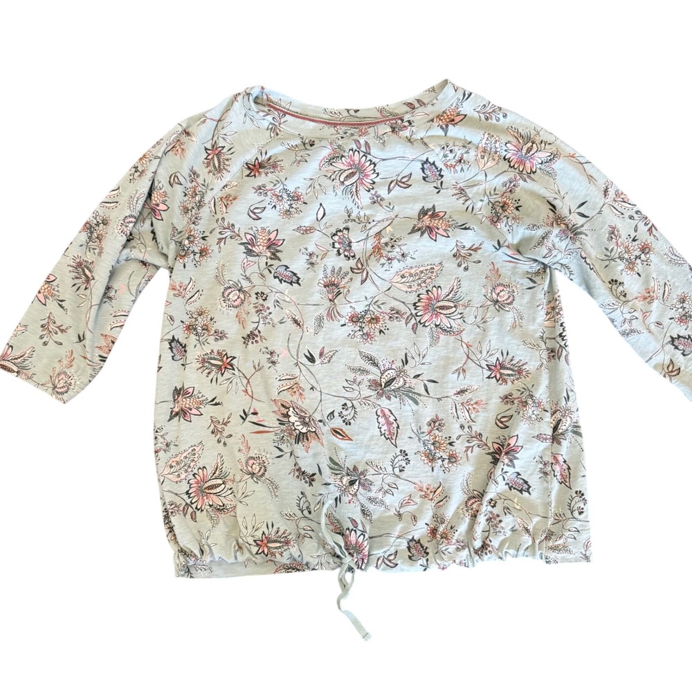 J. Jill Blue Floral‎ Drawstring Bubble Hem Raglan 3/4 Sleeve Top Size S Spring